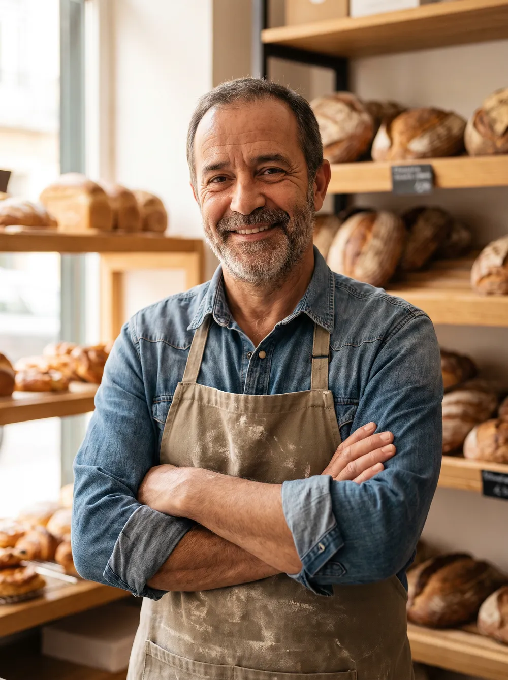 Tomás, our head baker, arms crossed in front of the bread shelves