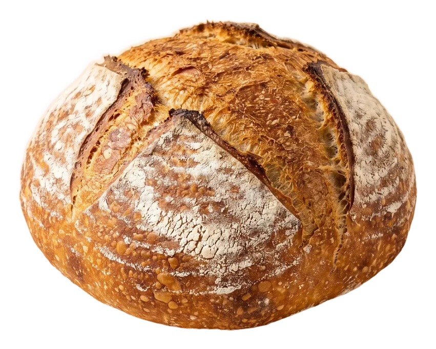A round country sourdough with a deep ear and a dusting of flour