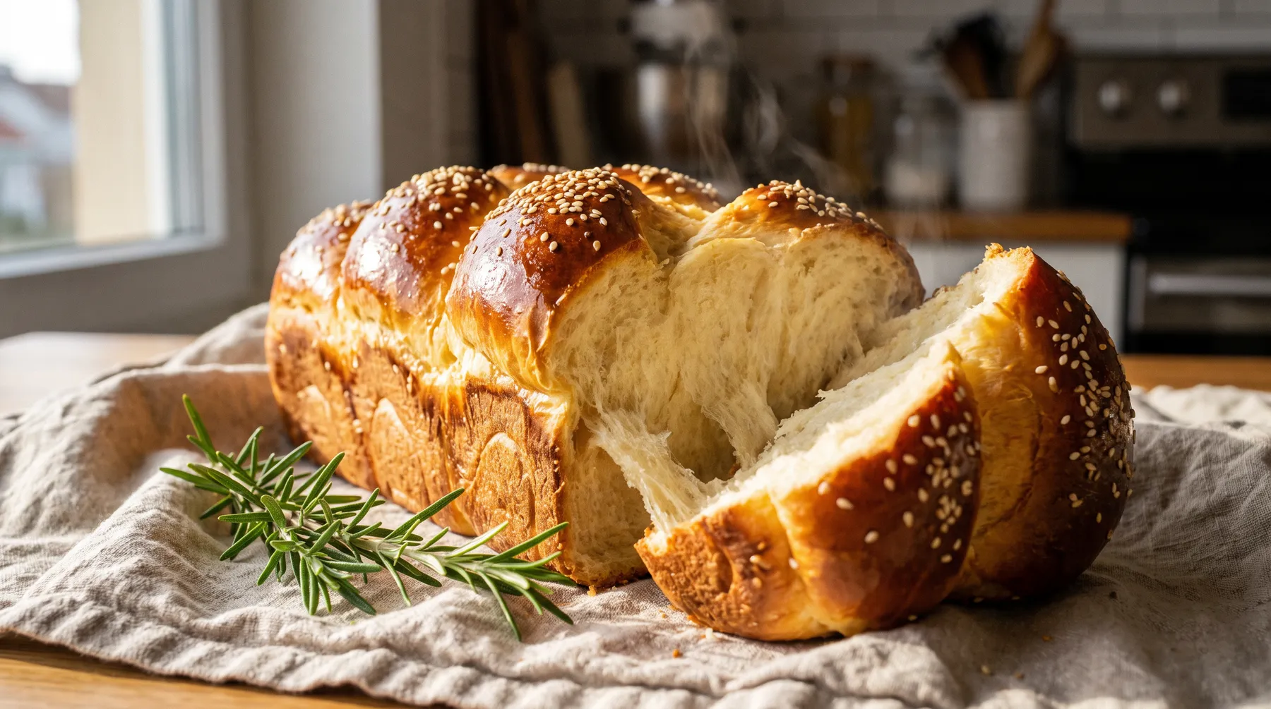 A braided brioche loaf on a linen cloth, one end sliced open to show the crumb