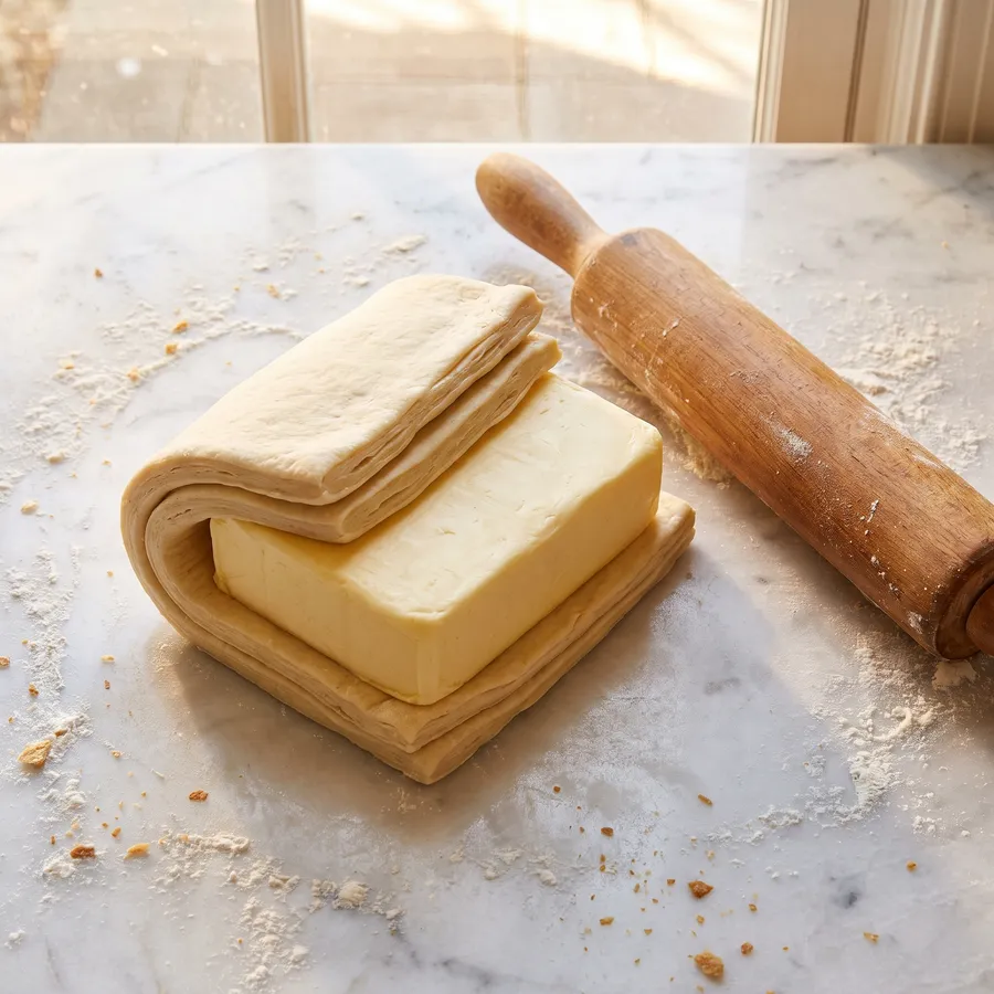 A block of butter folded into laminated dough on marble, a rolling pin beside it