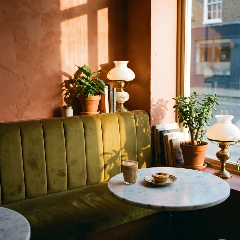 A green banquette and a marble table in the corner of the Príncipe Real shop
