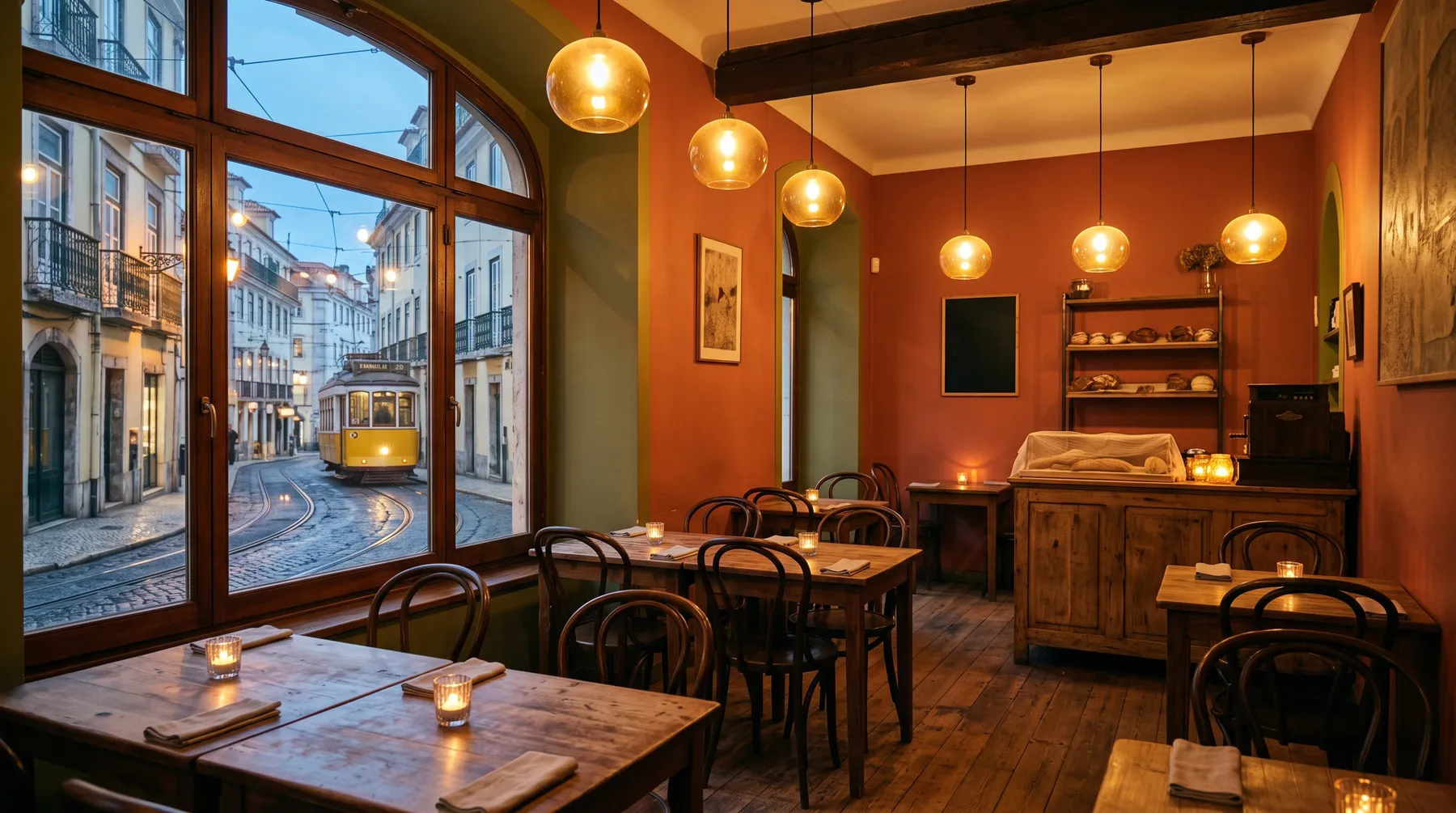 The levé shop at dusk: warm pendant lights, bread on the shelves and a tram passing the window