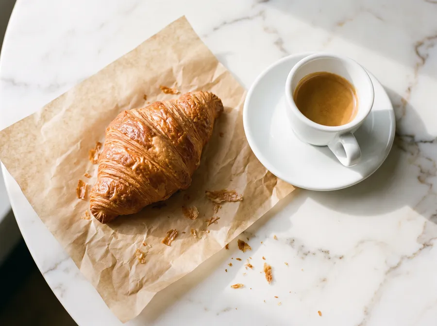 A butter croissant and a cup of coffee on a wooden table by the window