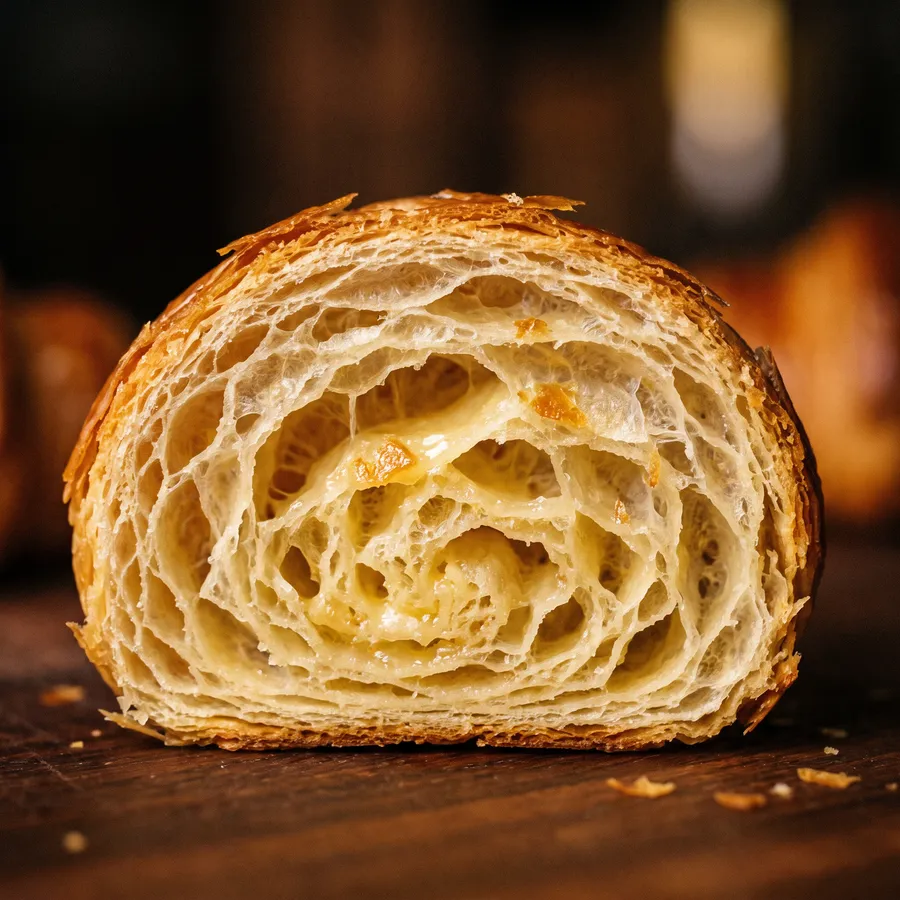 A croissant cut in half, its honeycomb of layers facing the camera
