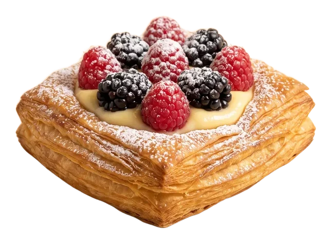 A square puff-pastry danish filled with vanilla custard and topped with raspberries and blackberries under a dusting of sugar