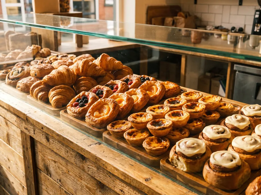 The glass counter in the Príncipe Real shop, full of croissants, fruit tarts and cinnamon swirls