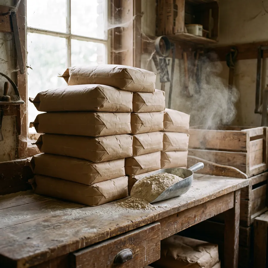 Paper sacks of flour stacked on a wooden bench in the bakehouse
