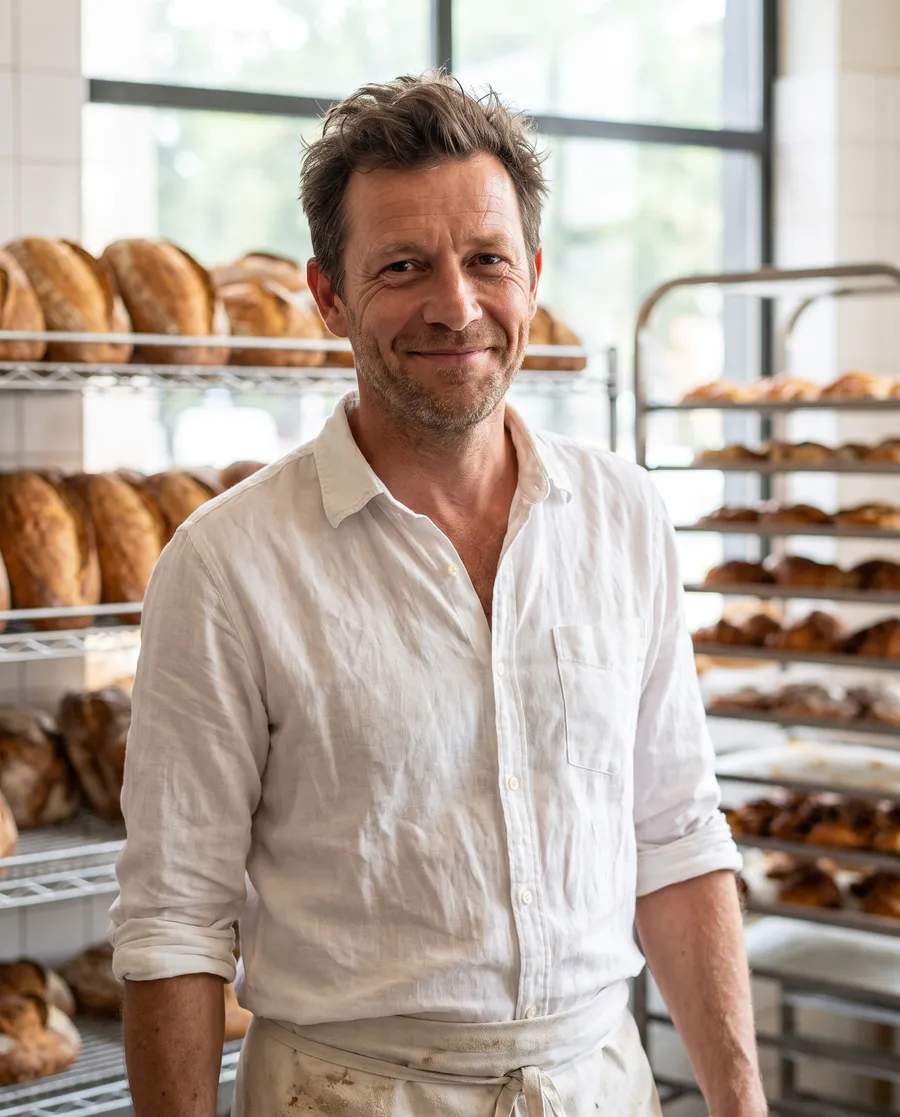 levé's founder in a white linen shirt, standing in front of racks of cooling loaves