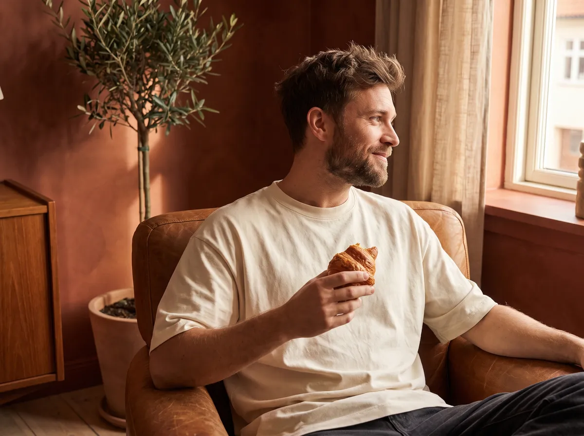 A man in a leather armchair by the window, holding a croissant