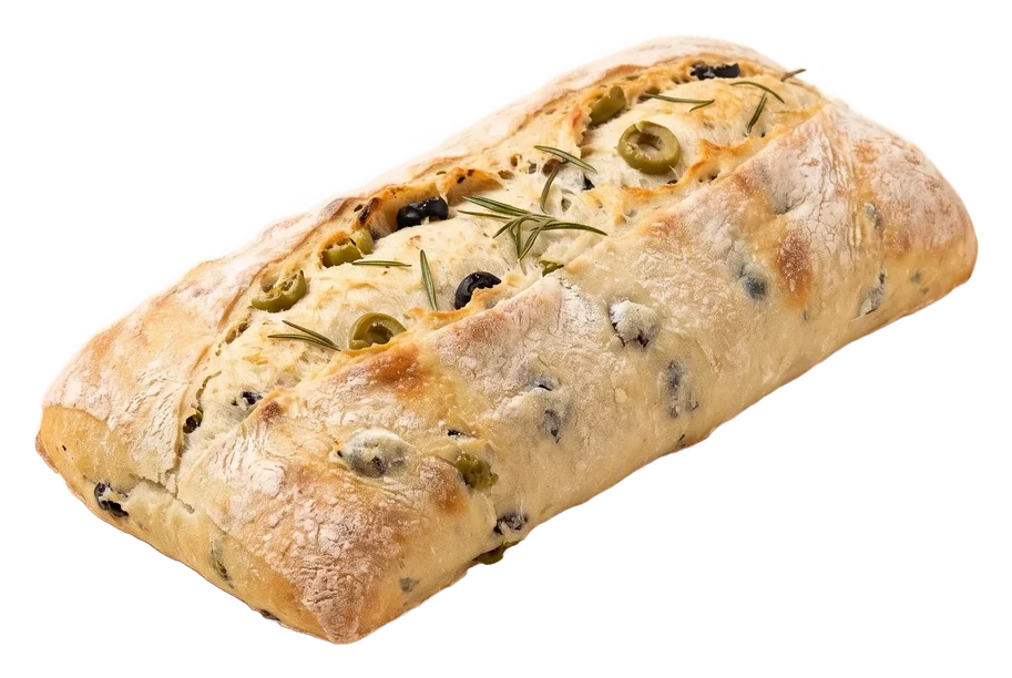 A floured ciabatta studded with black olives