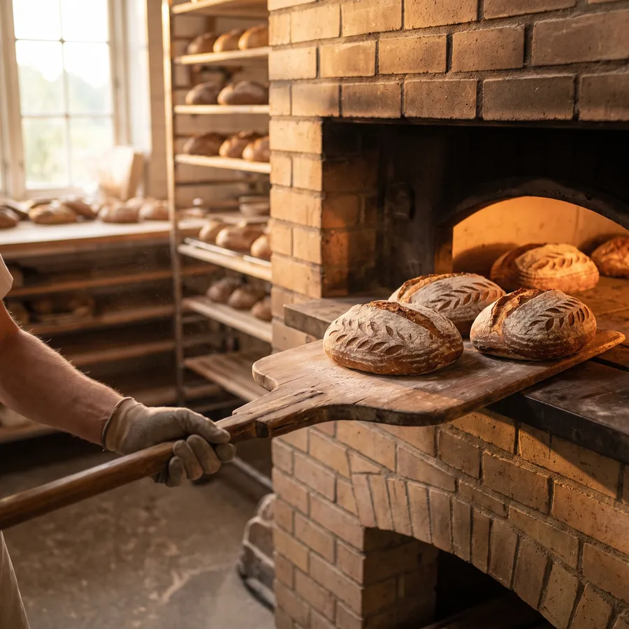 Three sourdough loaves coming out of a brick oven on a wooden peel