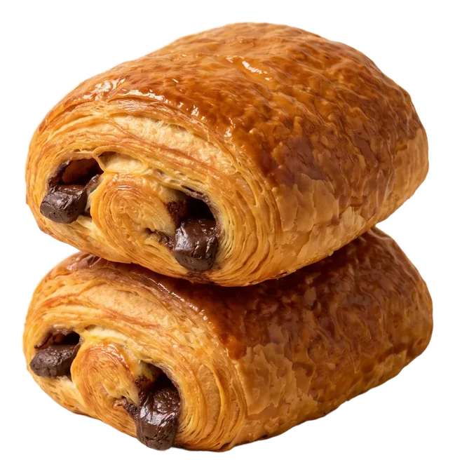 Two pains au chocolat stacked, the chocolate showing at the ends