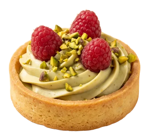 A pistachio cream tart topped with raspberries