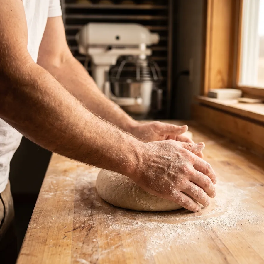 A baker's hands shaping a round of dough on a floured wooden bench