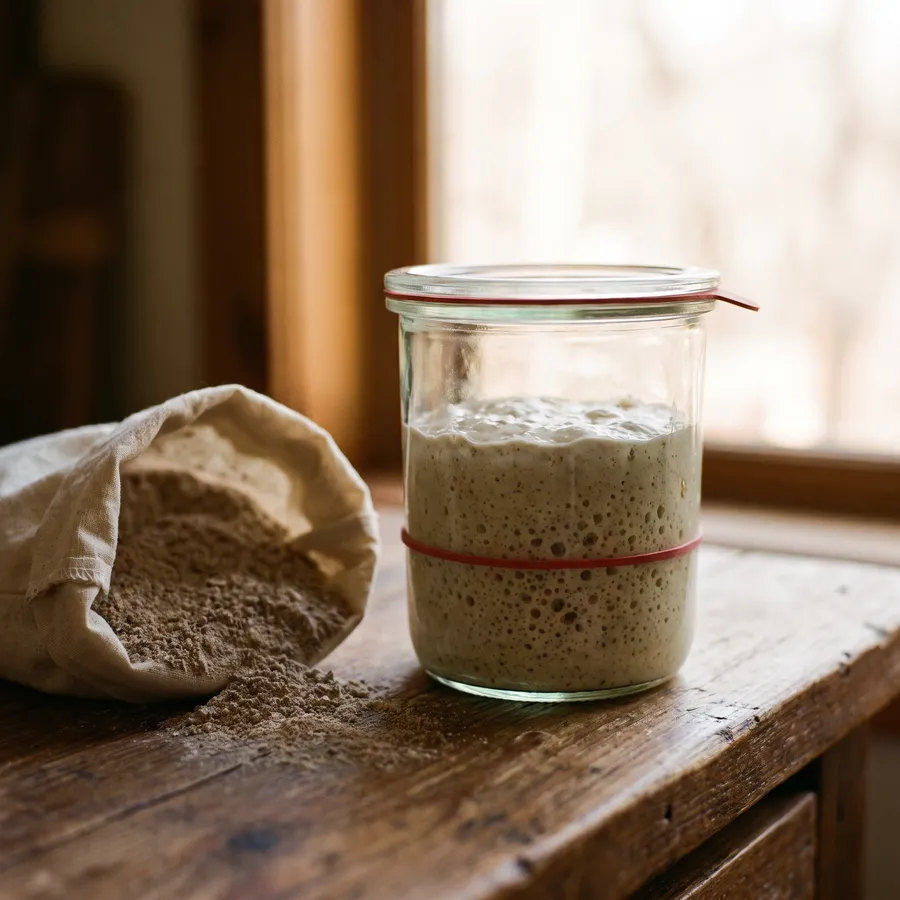 A glass jar of bubbling sourdough starter beside an open sack of flour