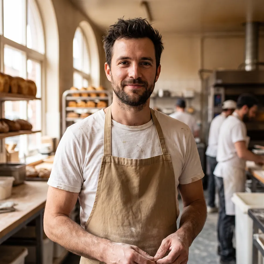 Rui, one of our bakers, in an apron in the Campo de Ourique kitchen